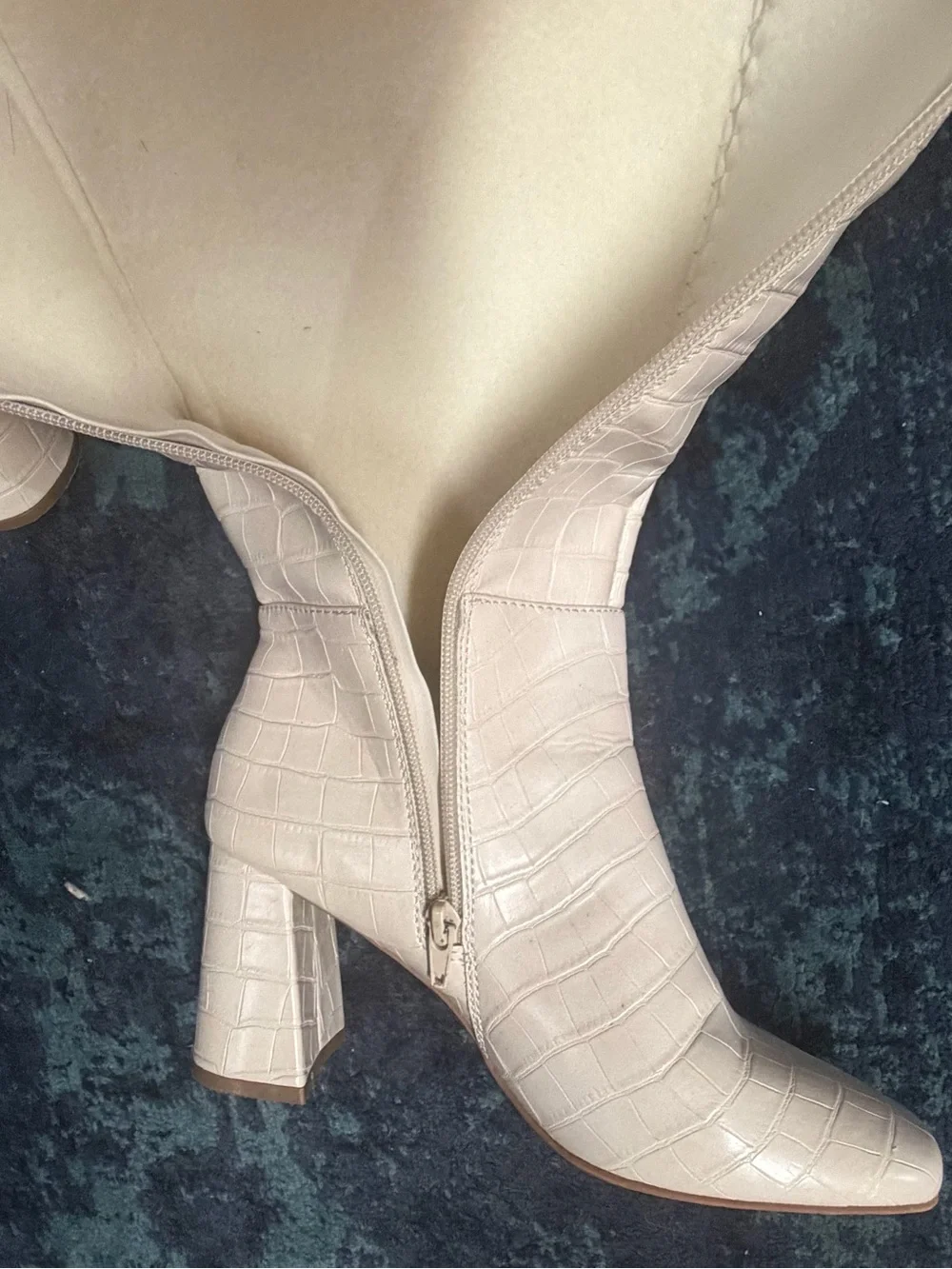 Croc-Embossed Over-the-Knee Boots in Light Beige - Women
